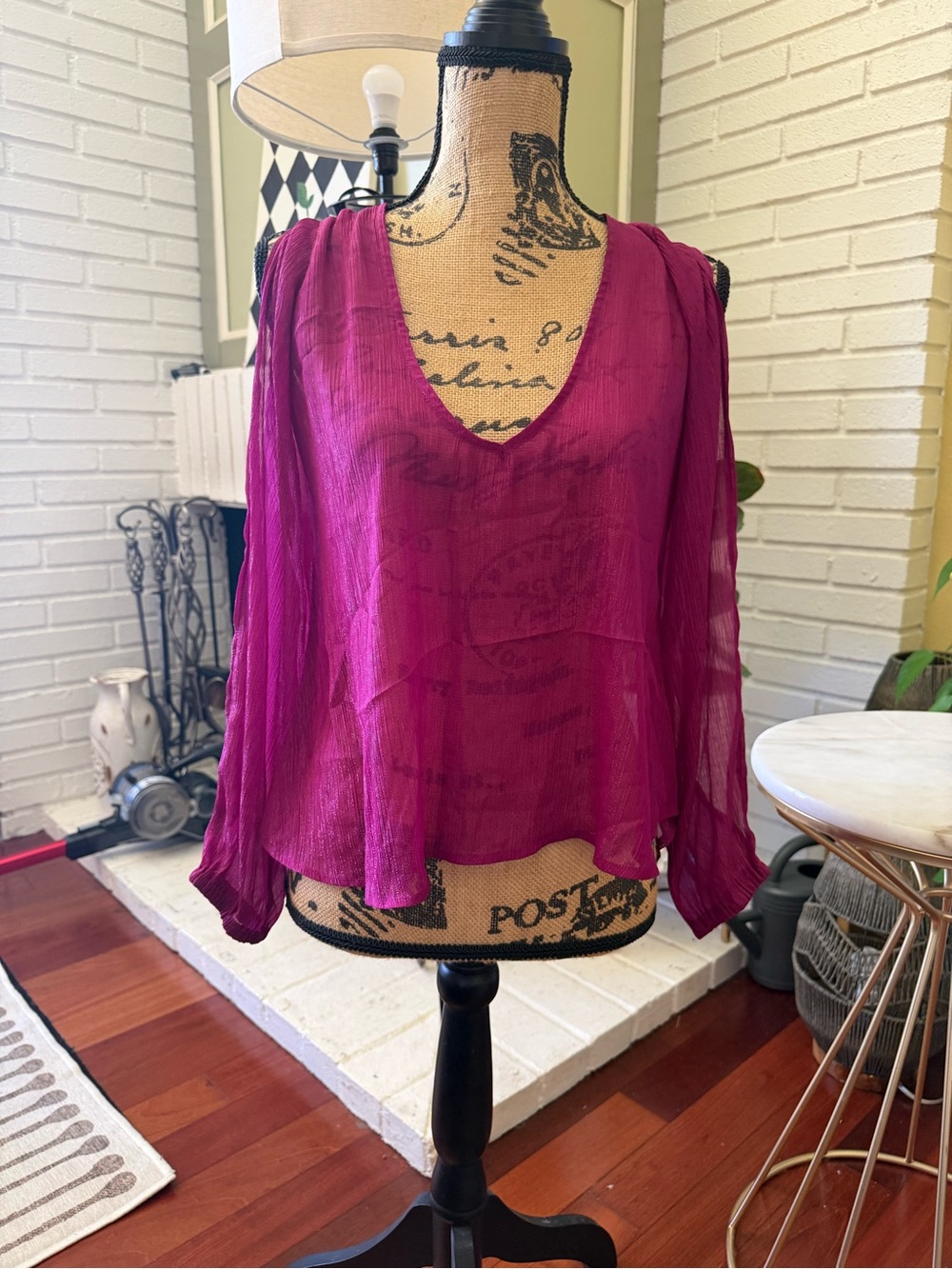 Lovers + Friends Sheer V-Neck Long-Sleeve Cold Shoulder Blouse in Magenta